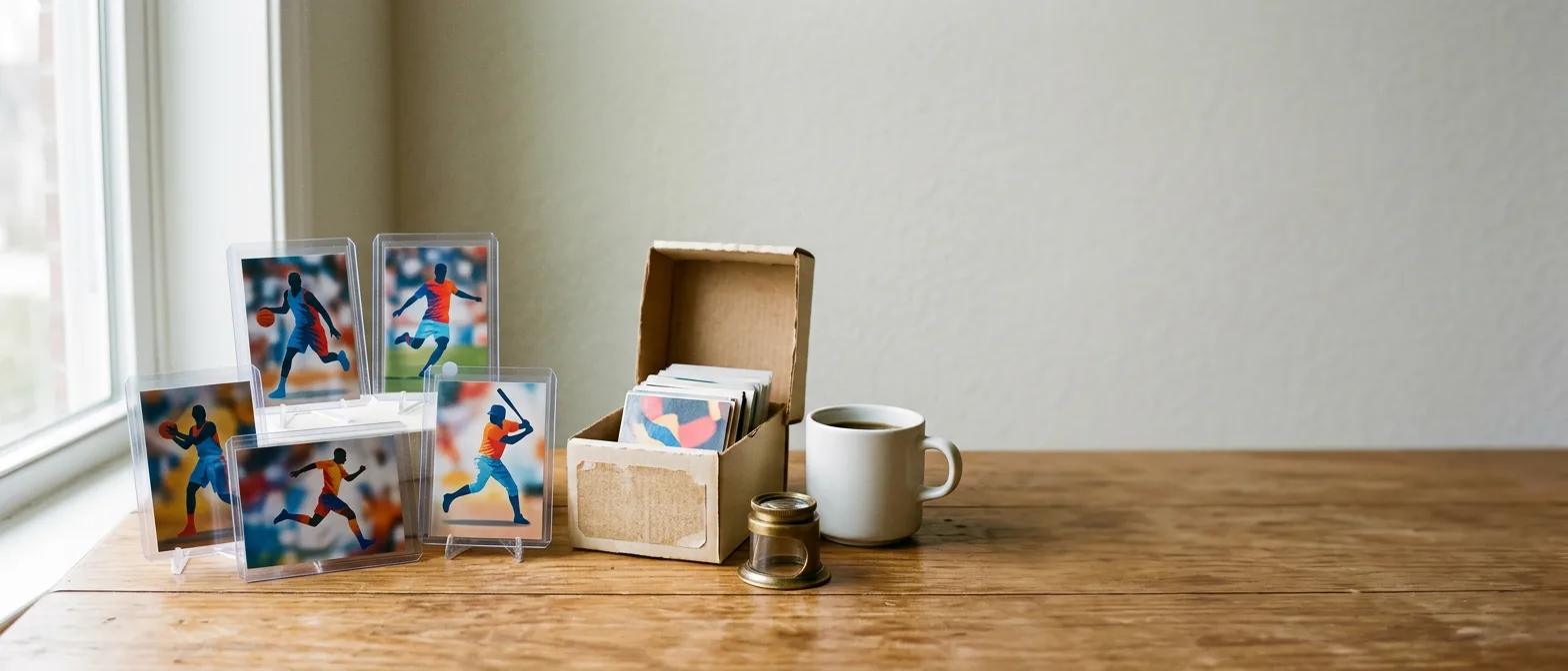 Generated image of graded sports cards in clear holders and a card box on a wooden table by a window