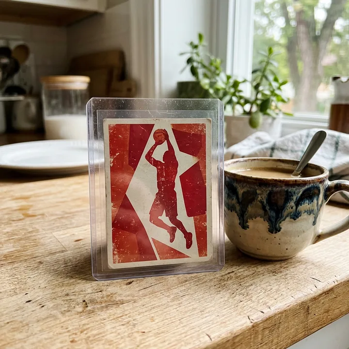 Generated image of a basketball card in a clear holder beside a coffee cup