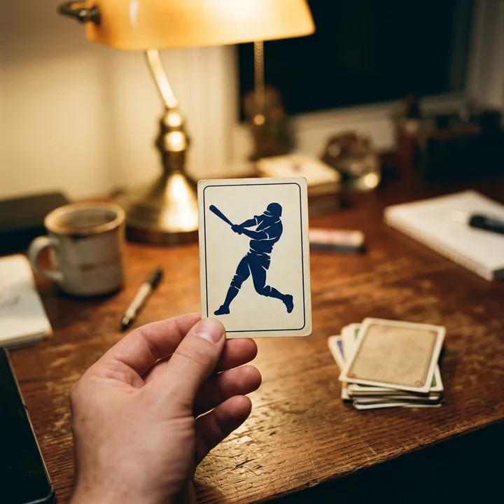 Generated image of a hand holding a baseball card over a desk