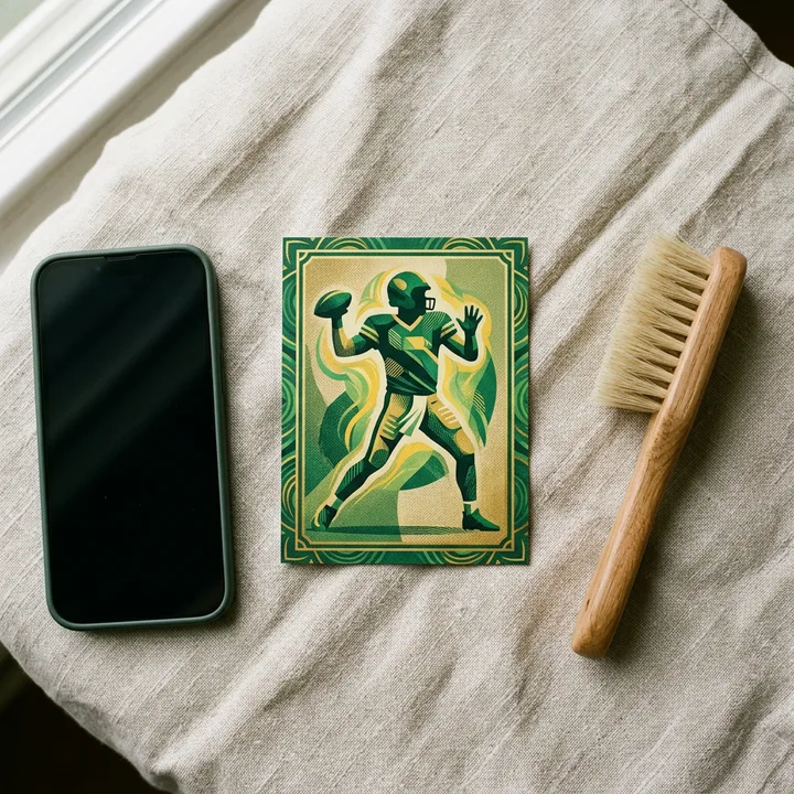 Generated image of a football card on linen beside a phone and a brush