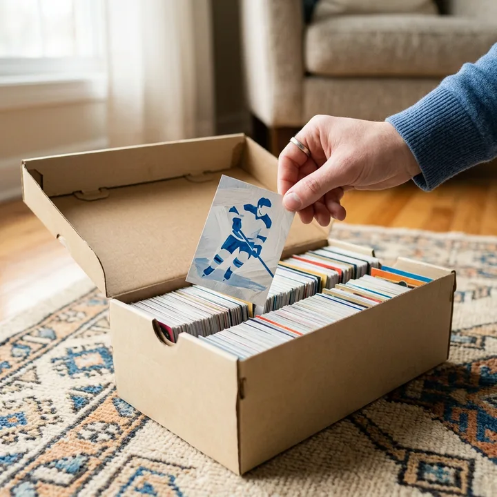 Generated image of a hand lifting a hockey card from a box of cards