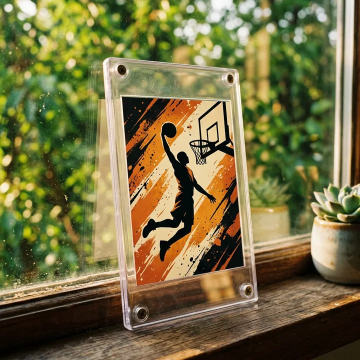 Generated image of a basketball card in a screw-down holder on a window ledge