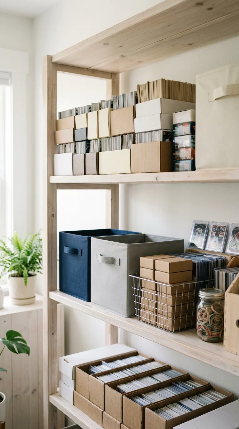 Generated image of a pale wooden shelf holding boxes of sports cards, fabric bins and a few cards in holders