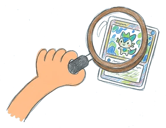 Colored-pencil drawing of a hand holding a magnifying glass over a trading card