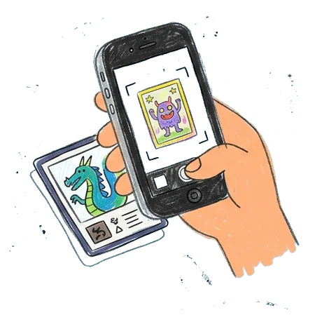 Colored-pencil drawing of a hand photographing a trading card with a phone
