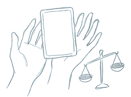 Pencil line drawing of open hands holding a card beside a balance scale